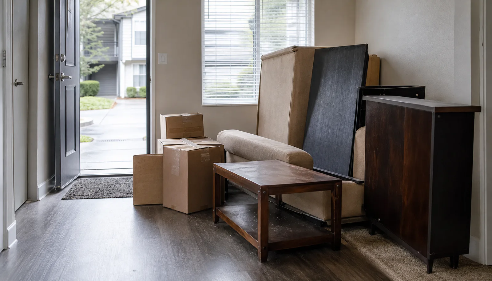 Apartment entry with contents staged for a property turnover
