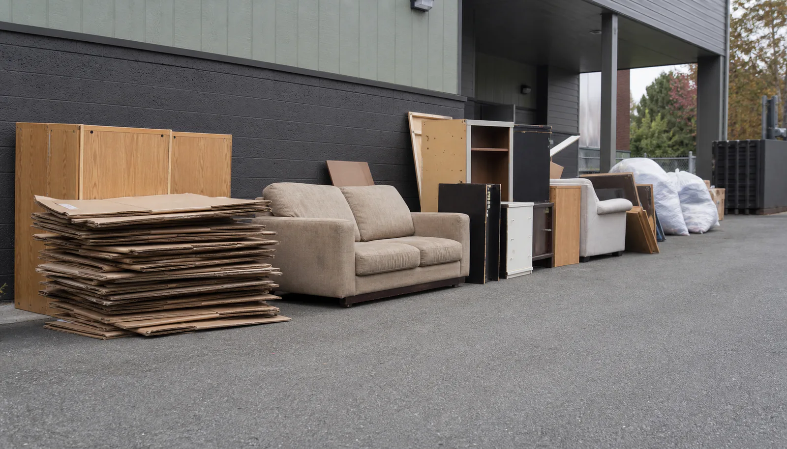 Furniture, flattened cardboard, and bagged material staged along a commercial loading area
