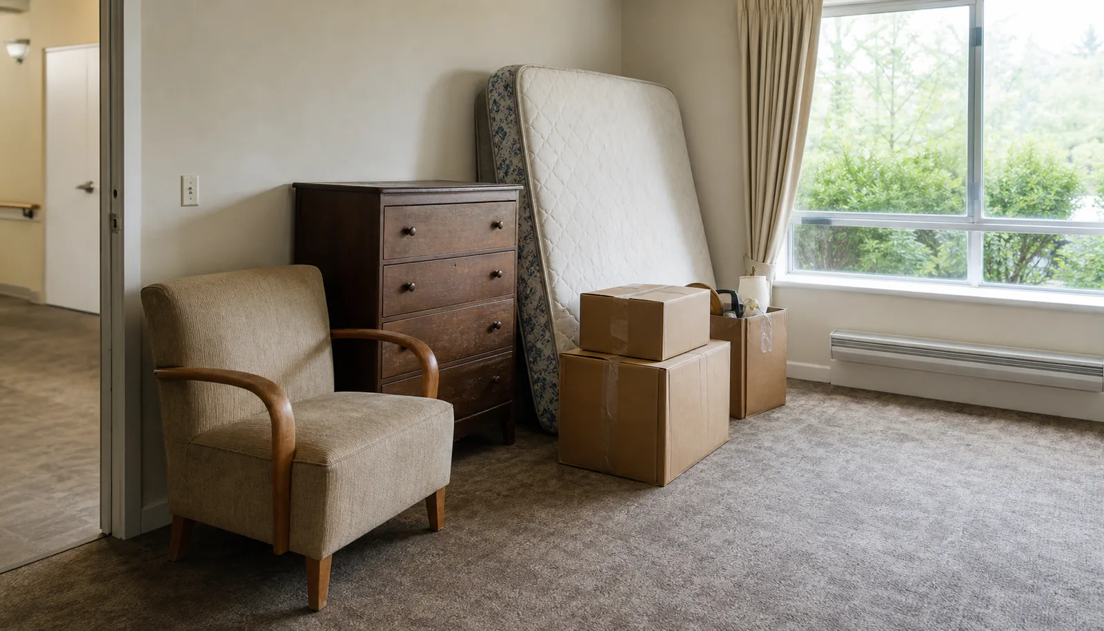 Typical senior living room transition context with furniture and sealed boxes