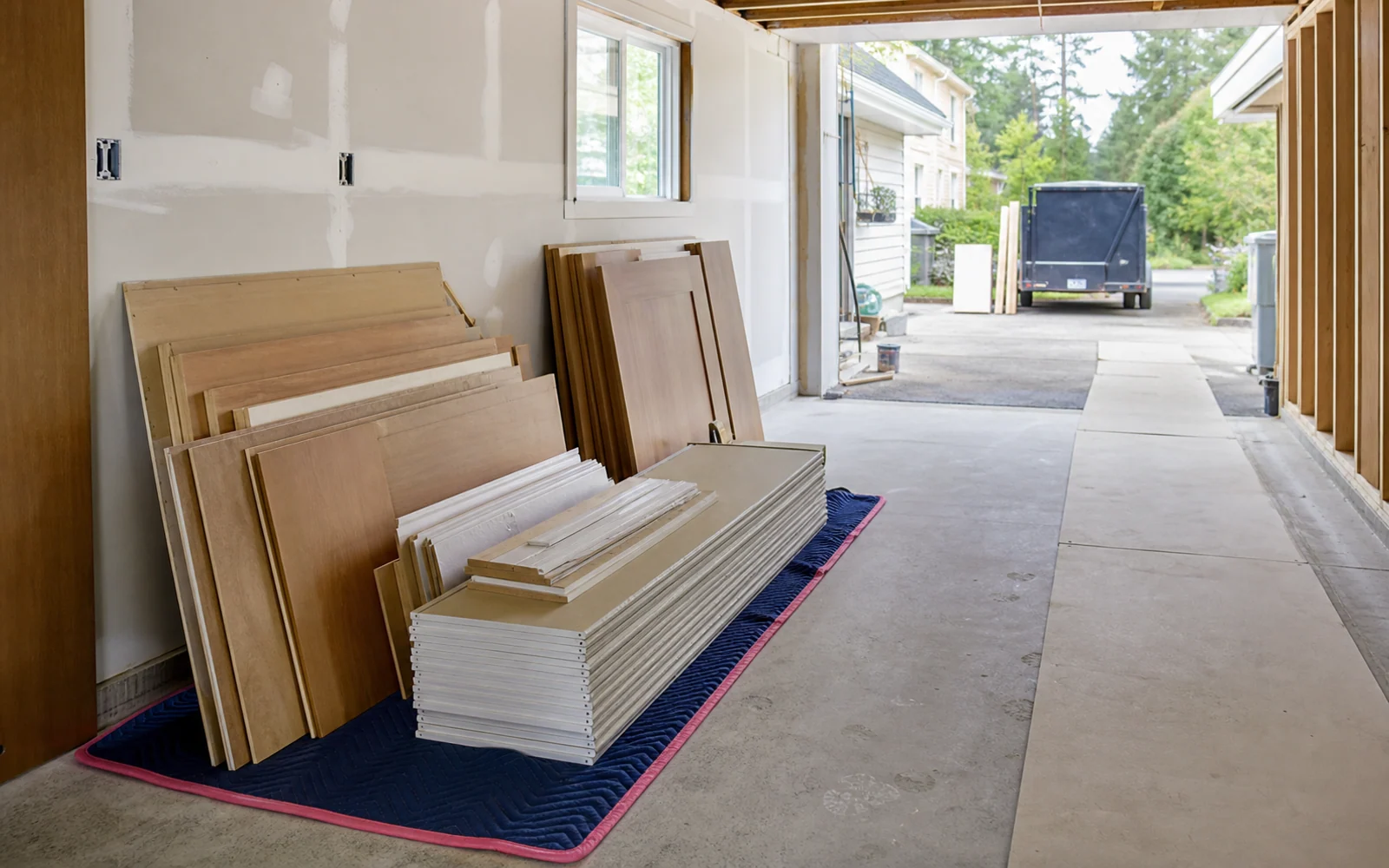 Typical jobsite staging context with sorted project materials and a clear access path