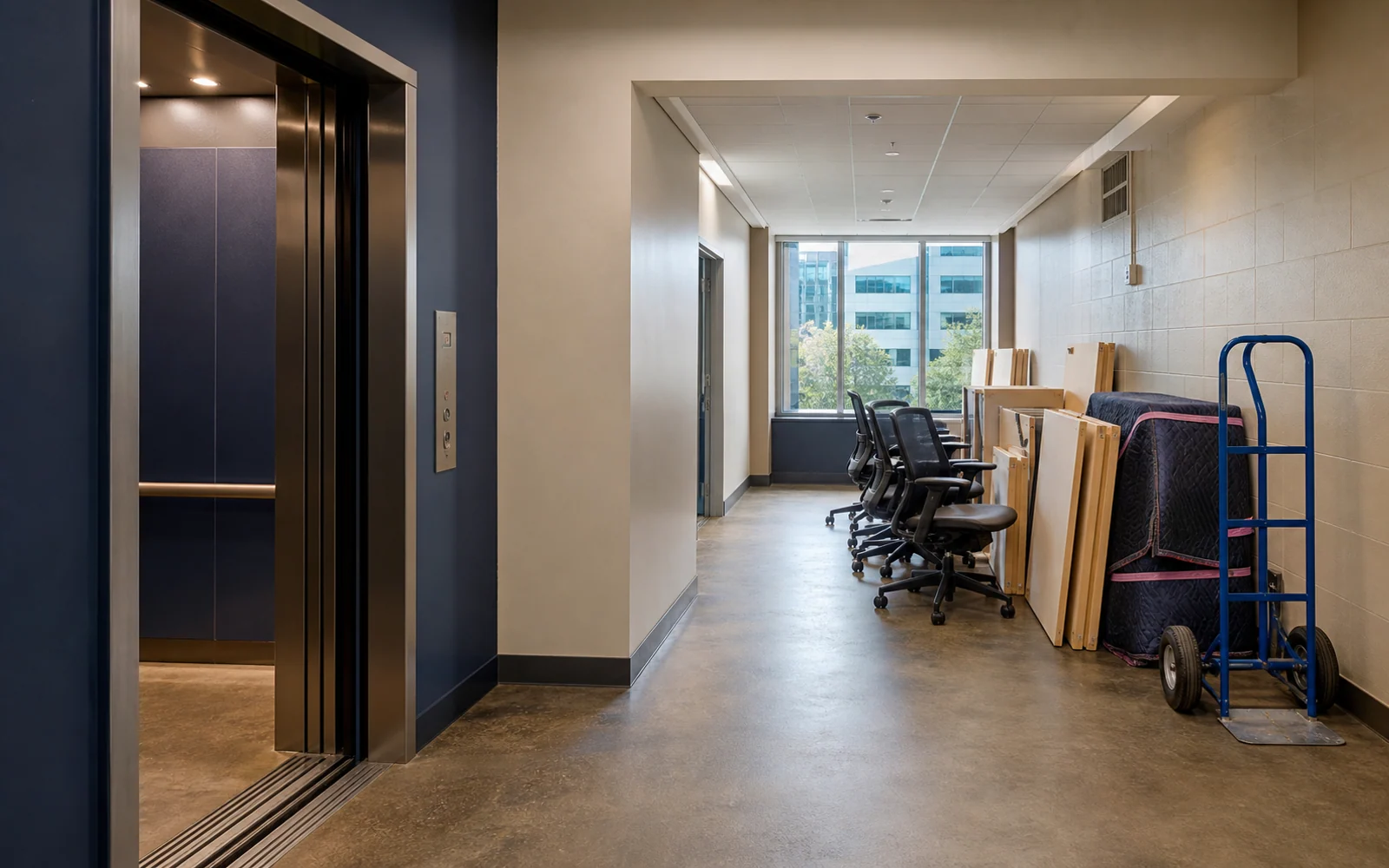 Typical office access context with an elevator, clear path, and approved furniture staging
