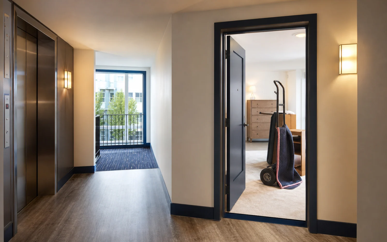 Apartment hallway with elevator and a clear route from an open unit