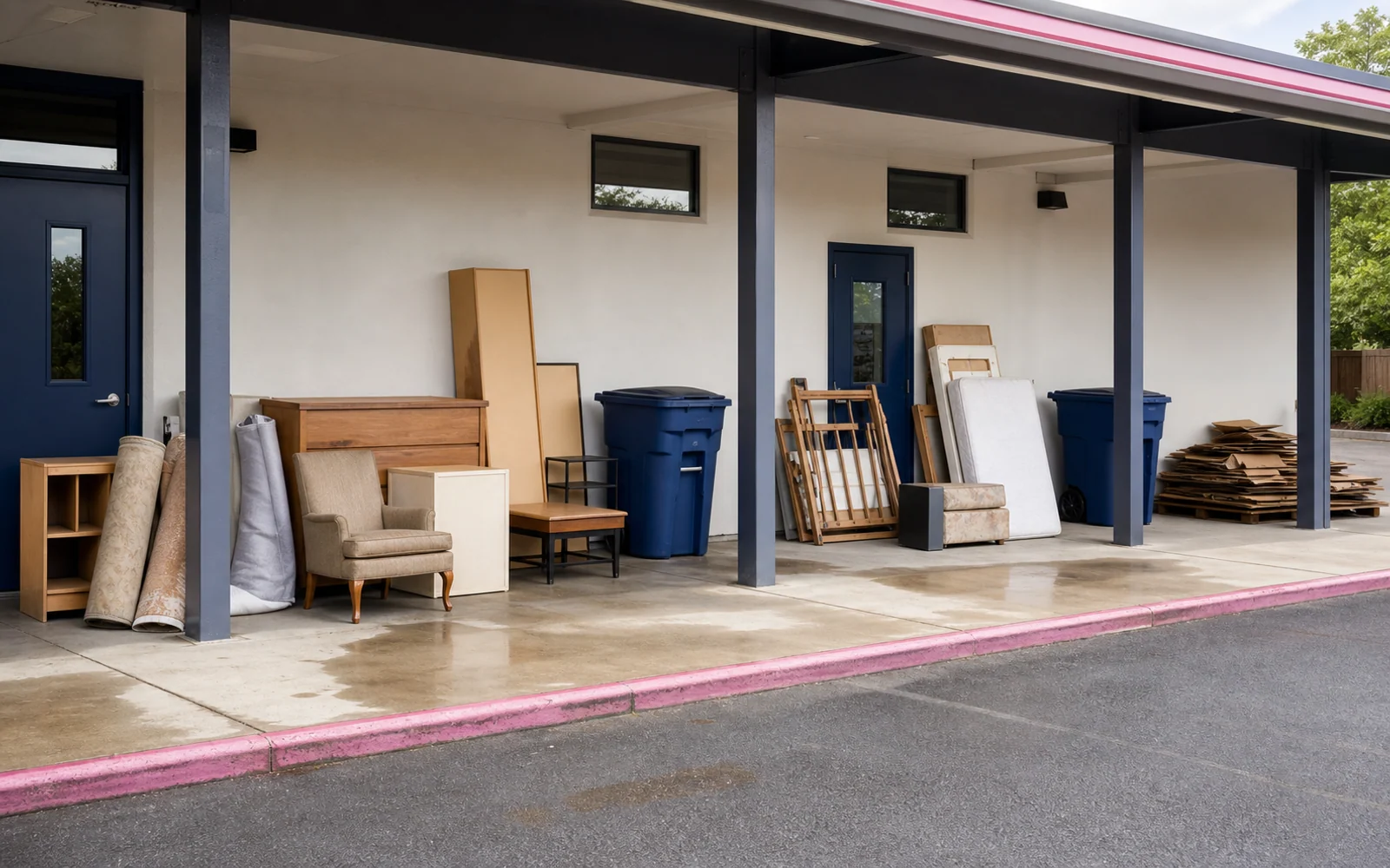 Typical repeat pickup staging context with separated items and a clear loading path