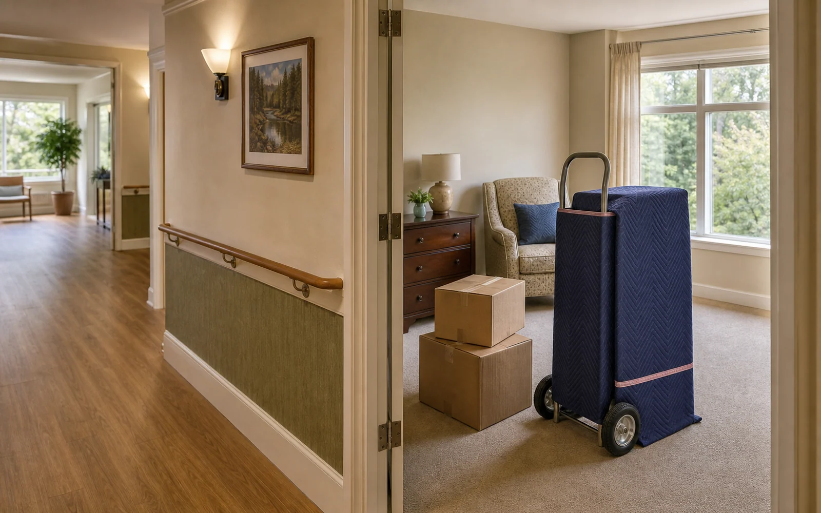 Calm residential room with boxes and protected furniture near a clear hallway