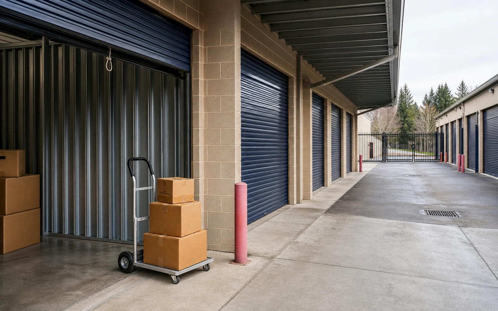 Typical storage facility drive aisle with open units and clear vehicle access