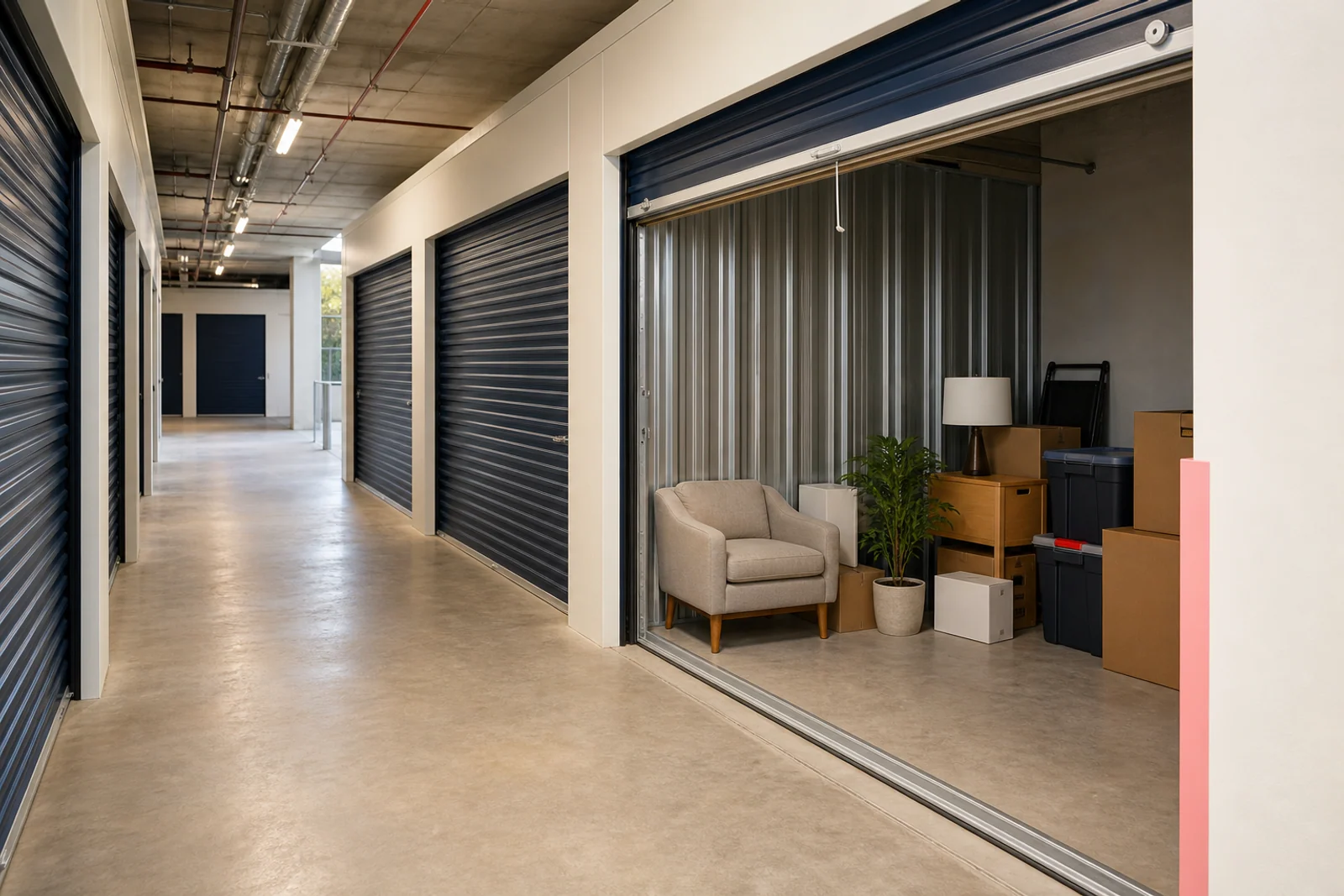 Typical storage facility context with an open unit and a clear access aisle