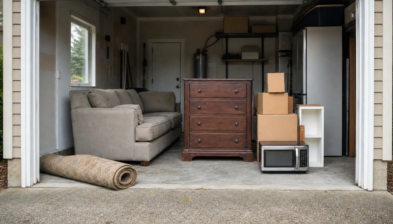 Used couch, dresser, boxes, appliance, and rolled rug staged in a garage