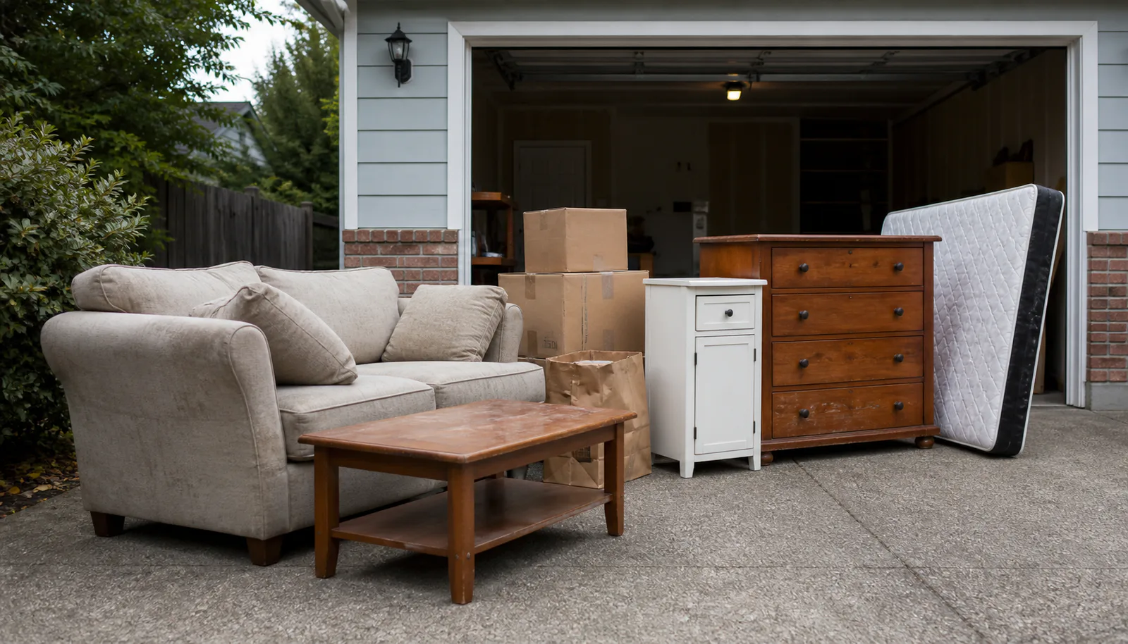 Furniture and boxes grouped outside a garage for removal planning