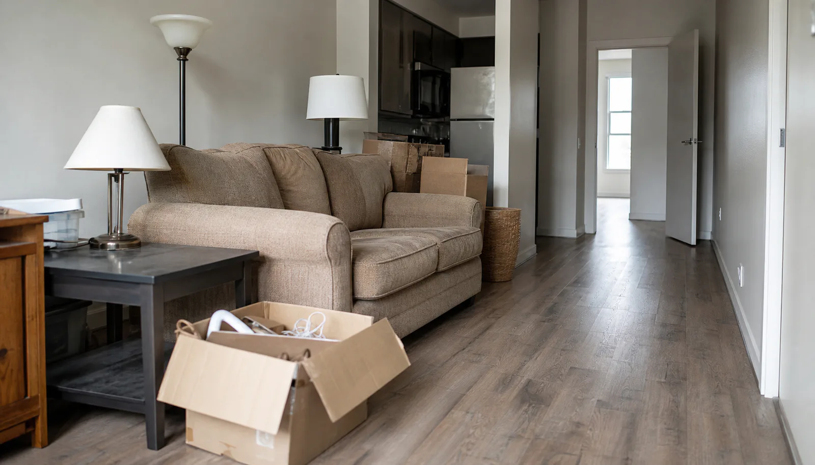 Apartment living area with furniture and moving boxes