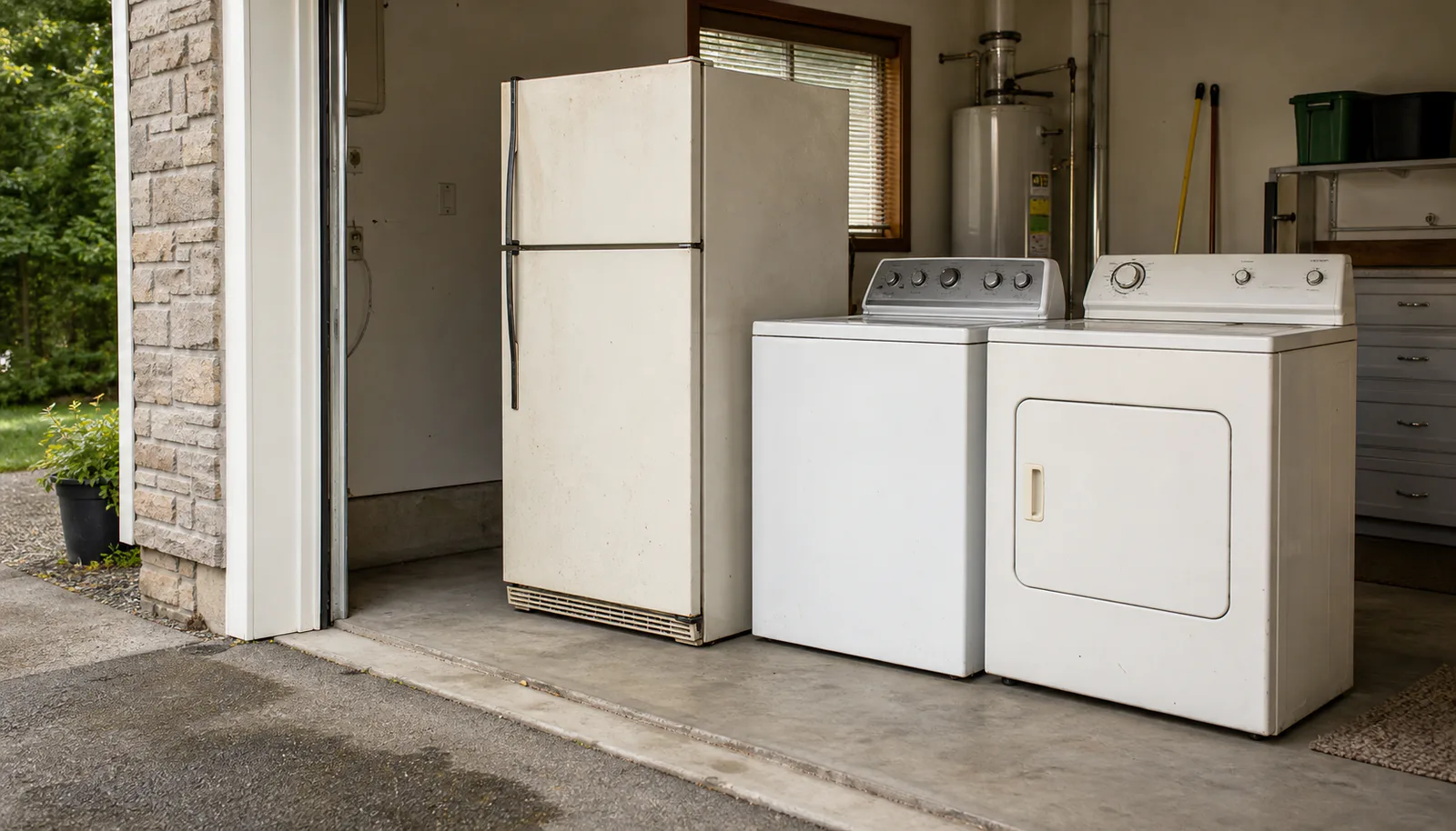 Older washer, dryer, and refrigerator arranged in a residential utility space