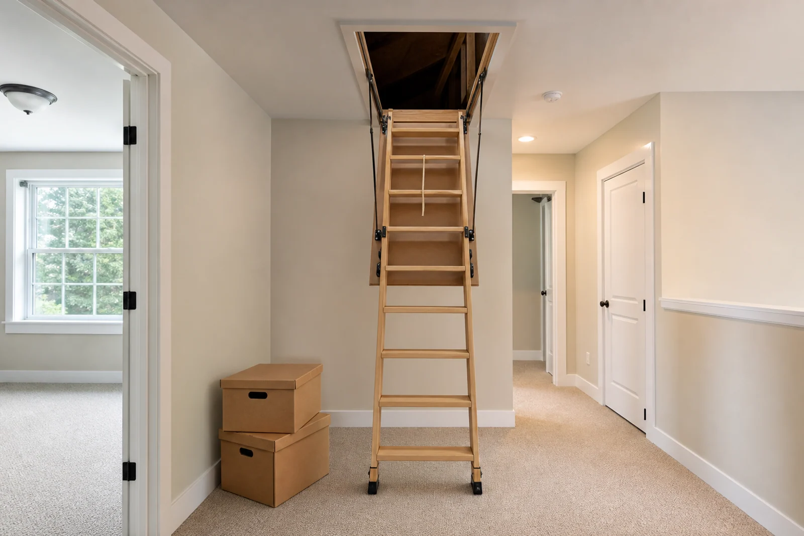 Pull-down attic stair open above a clear upstairs hallway