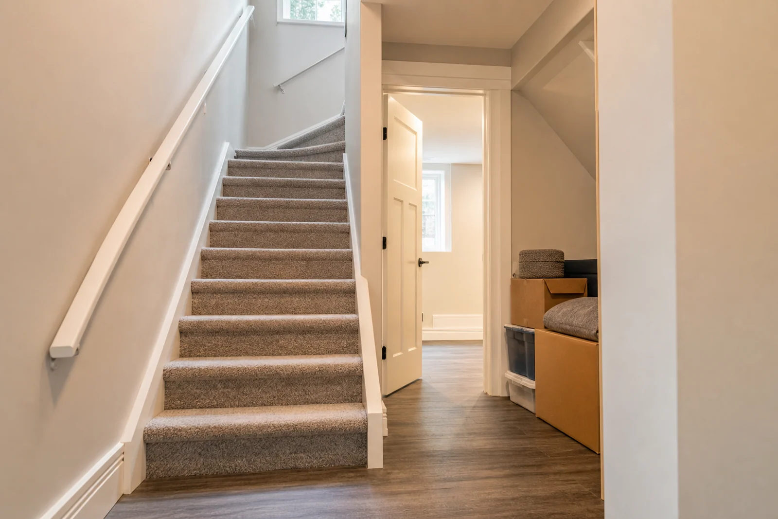 Basement stair landing with a clear staircase and boxes staged away from the path