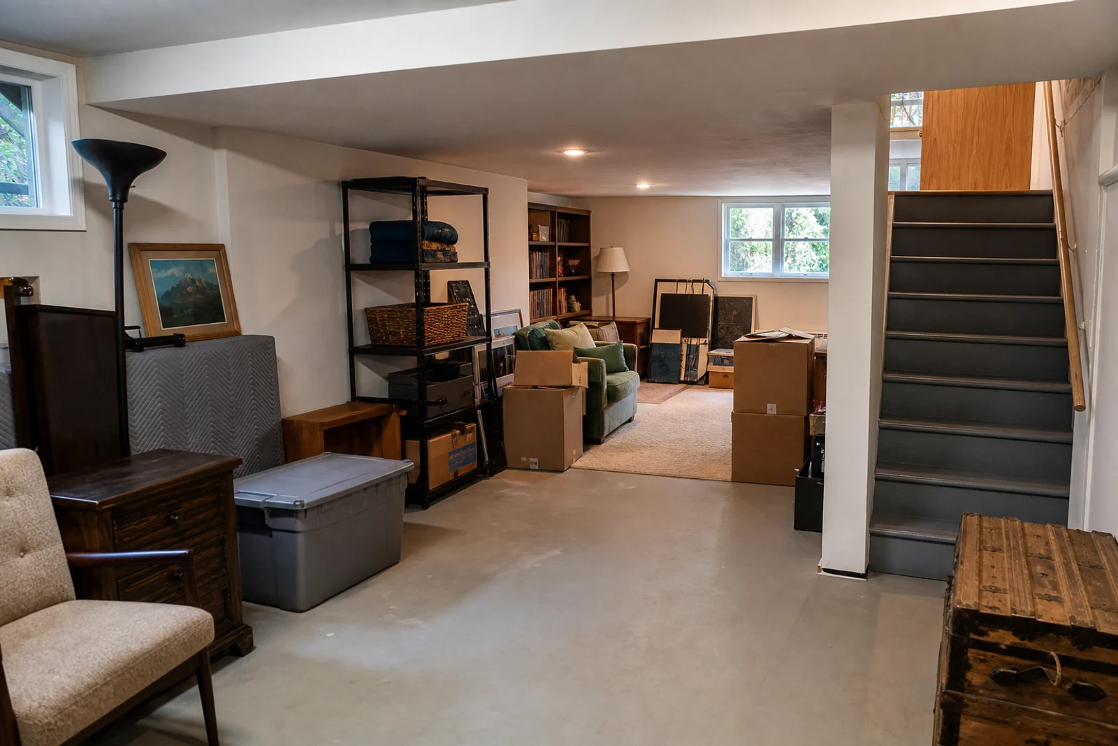 Lower-level room with furniture, boxes, shelving, and a visible staircase