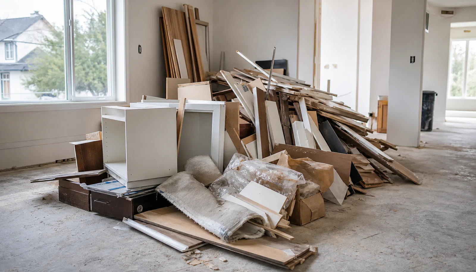Cabinets, wood, flooring, and project debris staged inside a residential remodel