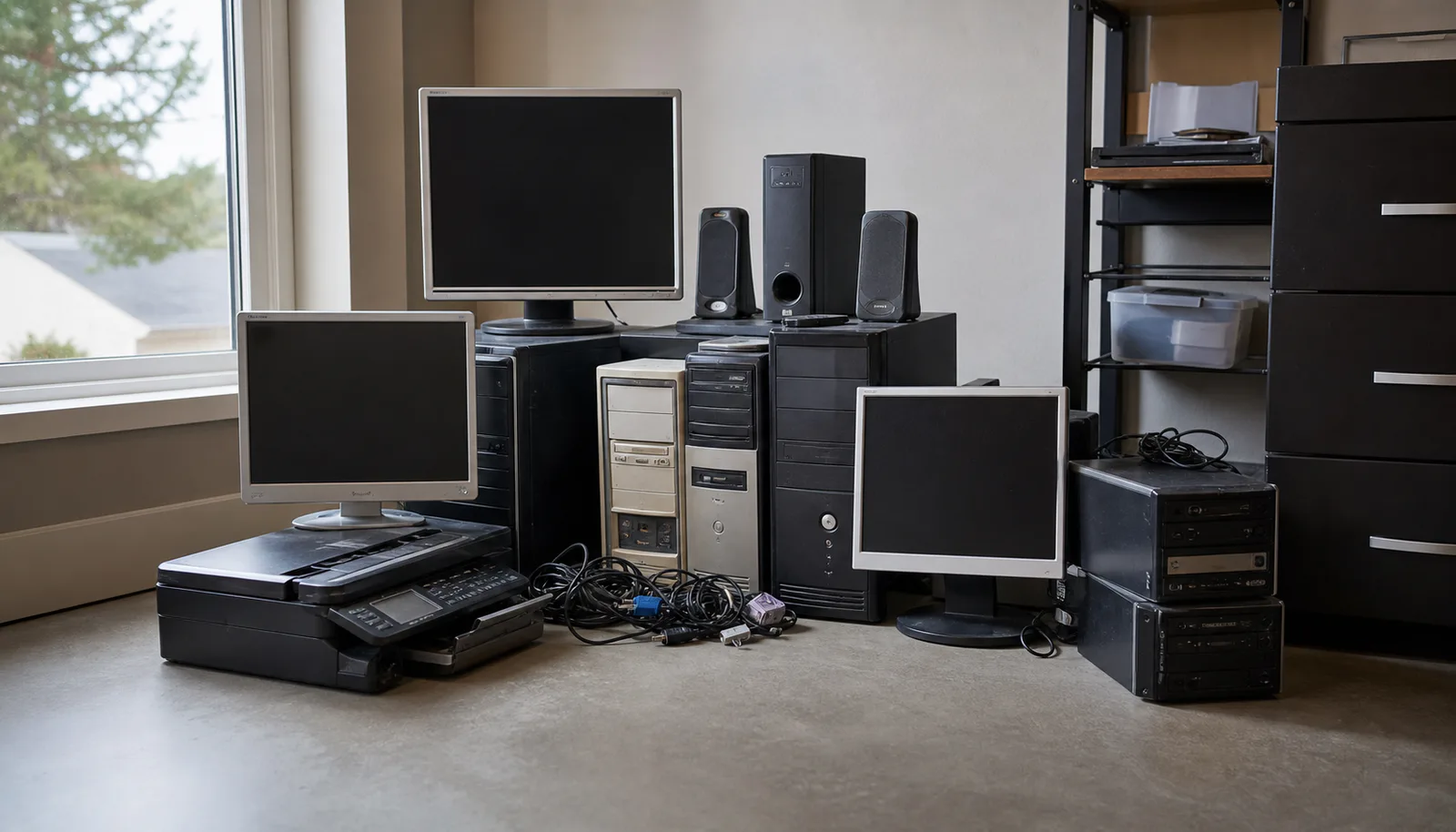 Desktop computers, monitors, printer, speakers, and cables grouped indoors