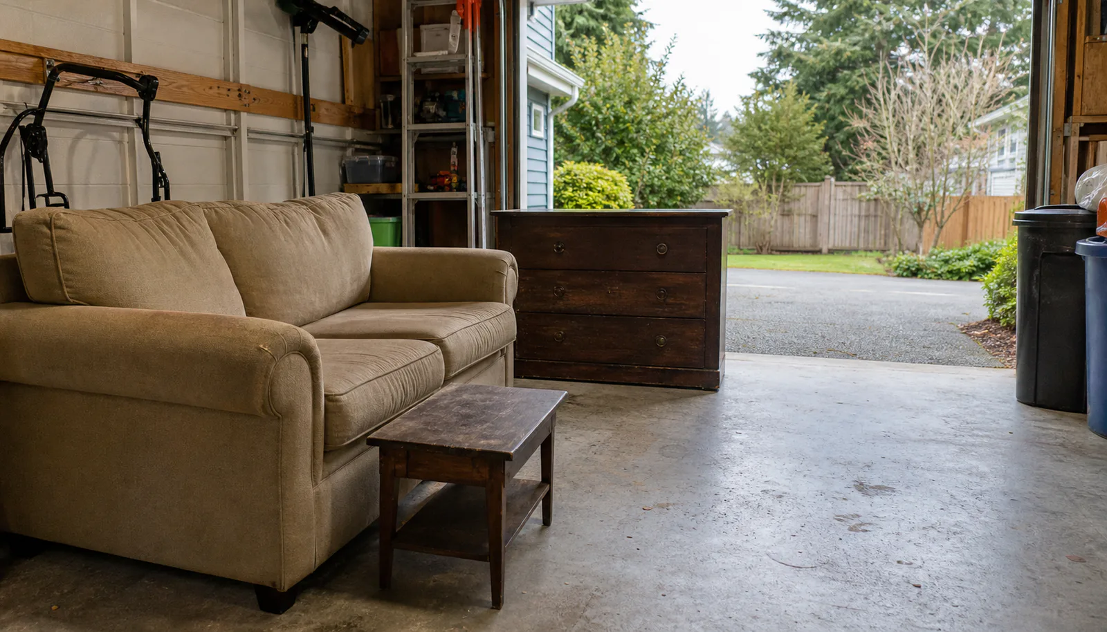 Used couch, dresser, table, and boxes arranged for furniture removal