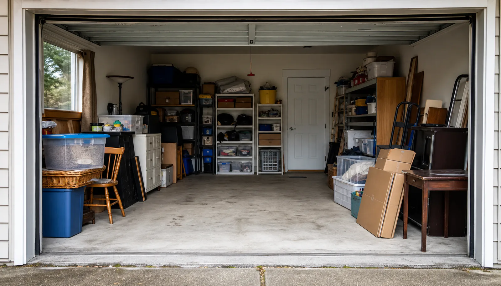 Boxes, shelving, furniture, and household items inside a cluttered garage