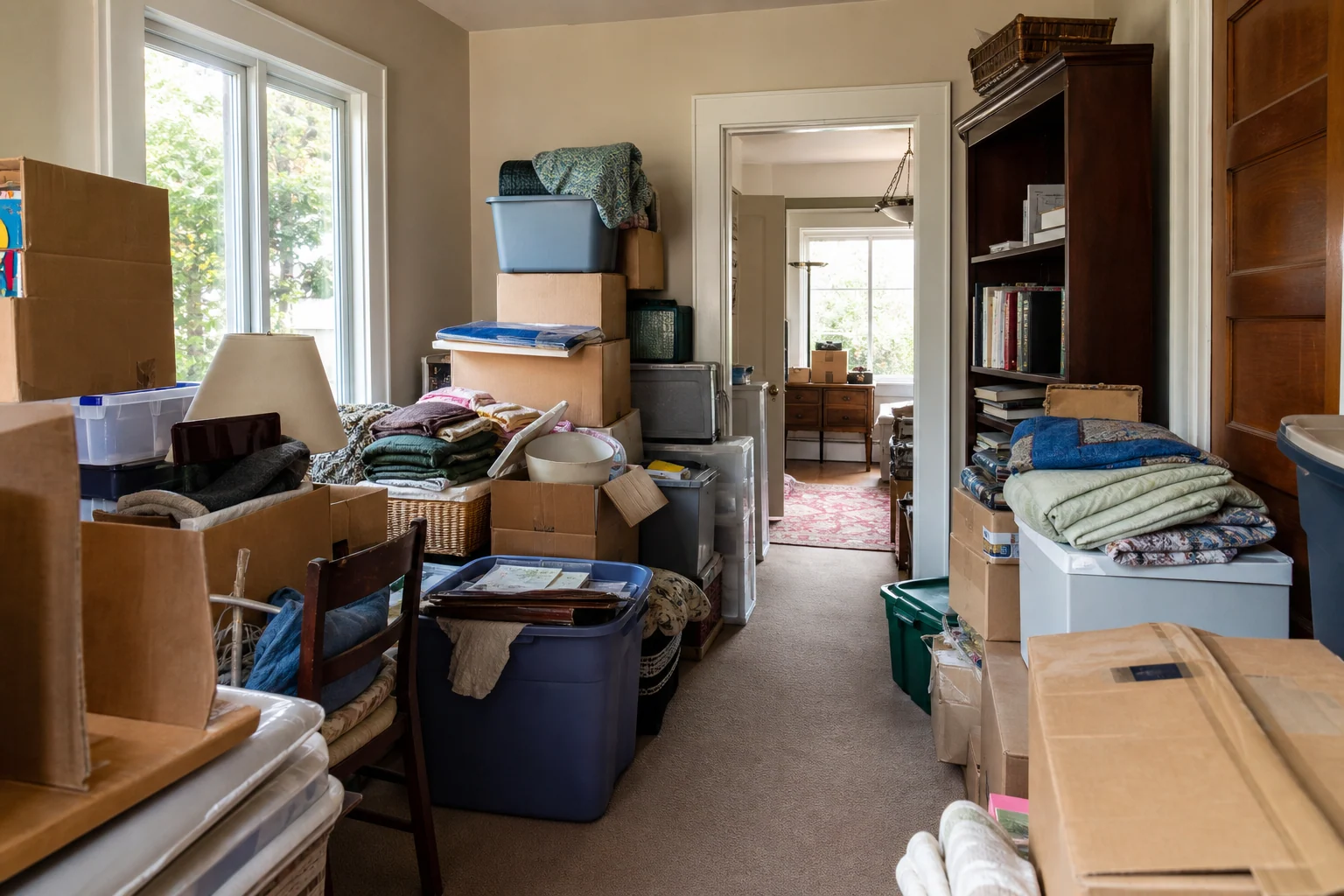 Heavily cluttered residential room with boxes, storage totes, furniture, and household belongings