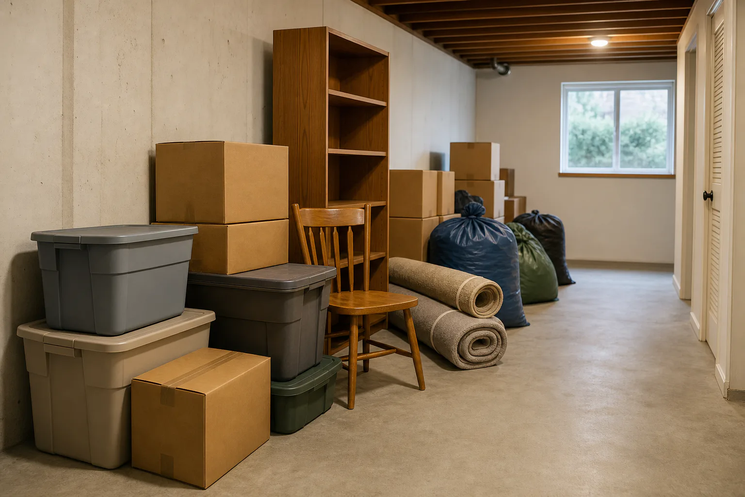 Boxes, storage totes, furniture, and household items positioned beside a visible indoor path
