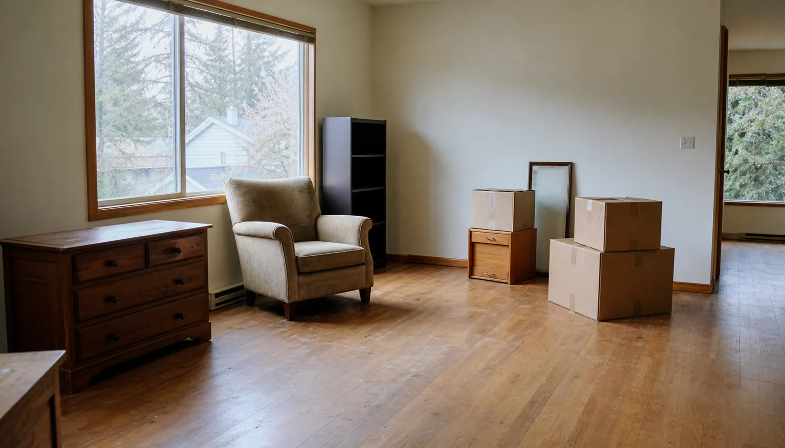Partly cleared living room with furniture and moving boxes