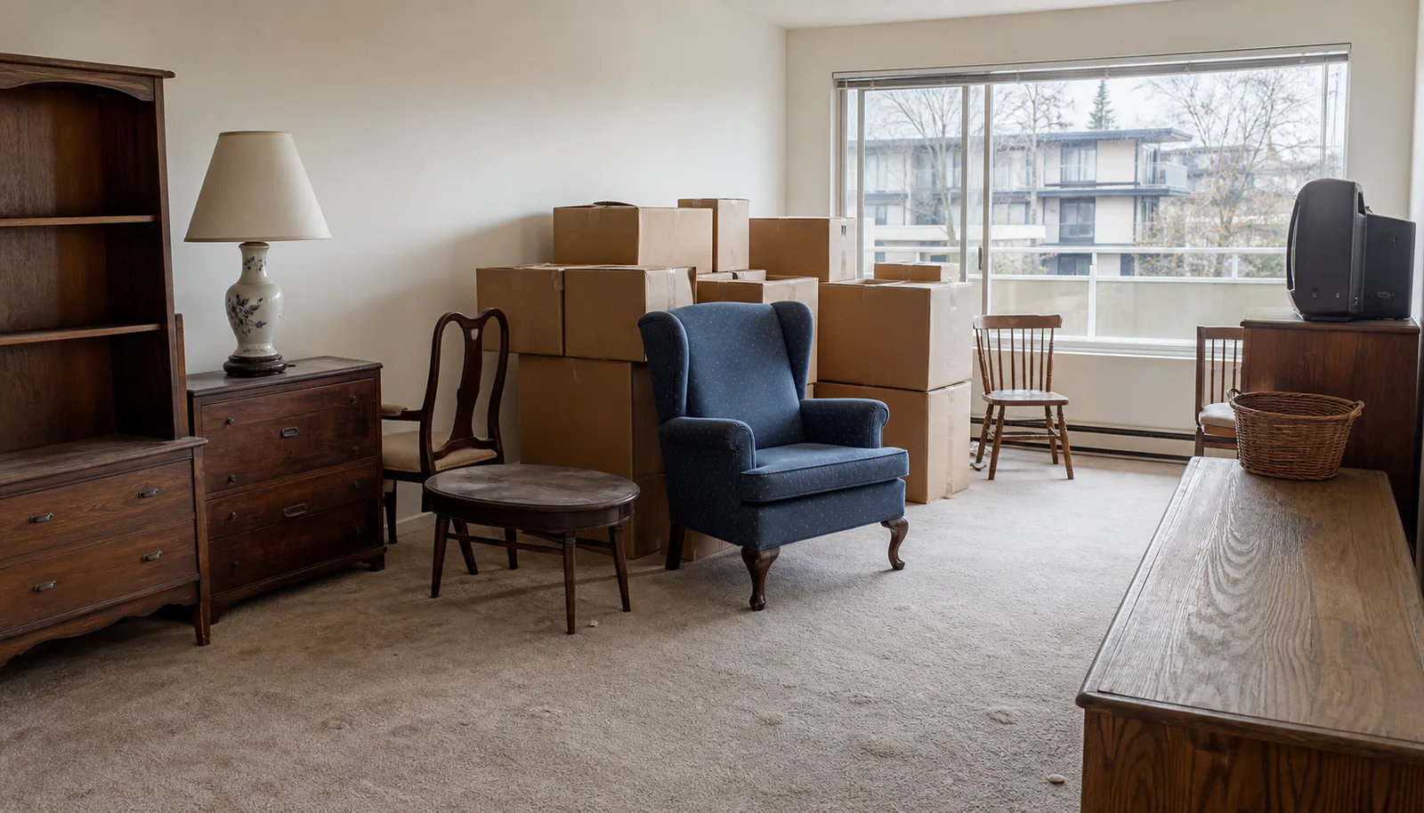Residential room with furniture and boxes prepared for downsizing