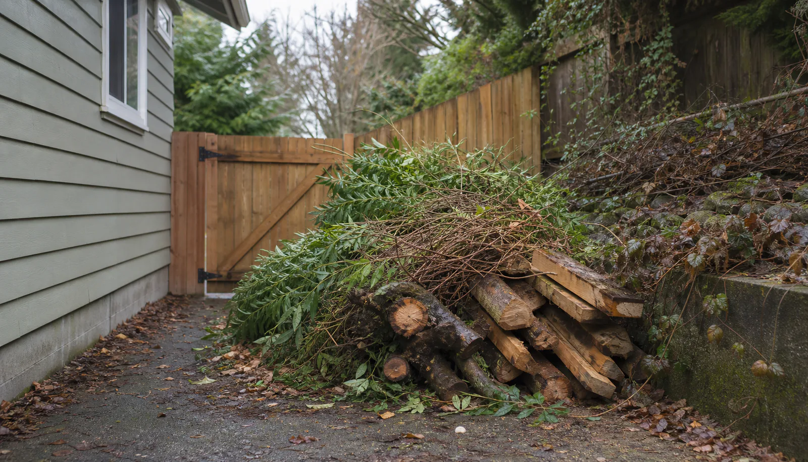 Branches and outdoor material gathered near a residential side-yard gate