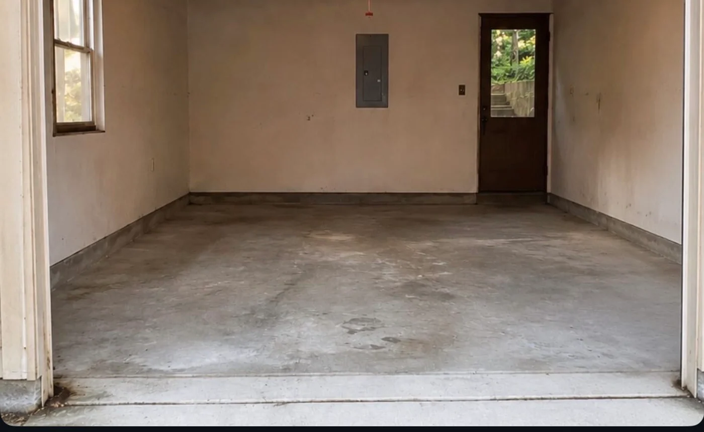 The same garage with the contents removed and the floor clear