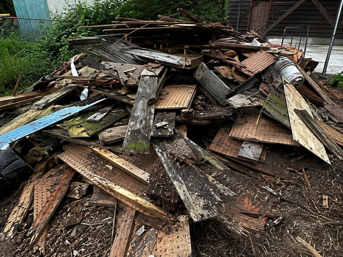 Dismantled shed material staged in the outdoor work area